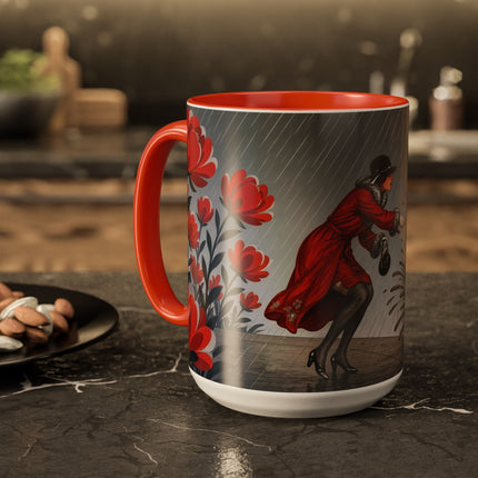 ☔🌹 The Scarlet Rainstorm Promenade Colorful Mug – Art Deco Motoring Elegance