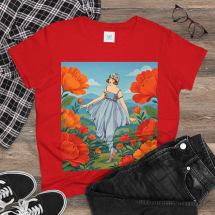 🌺🩵 The Poppy Hill Promenade Cotton Tee – Art Deco Fashion Whimsy