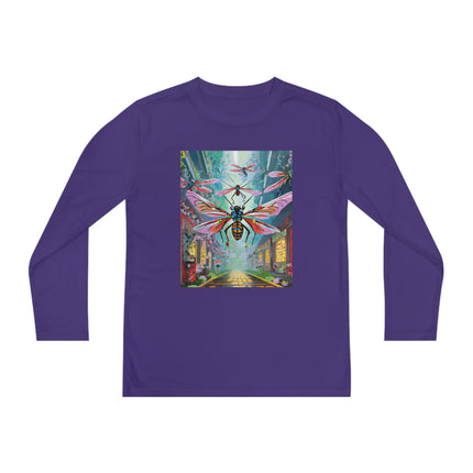 Neon Swarm Youth Long Sleeve Competitor Tee – Cyberpunk Flight & Futuristic Energy