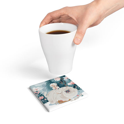 📖🌹 The Lady Of The Garden Storybook Ceramic Coaster – Art Deco Floral Elegance
