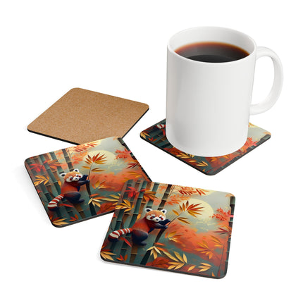 Red Panda at an Autumn Bamboo Grove Corkwood Coaster Set