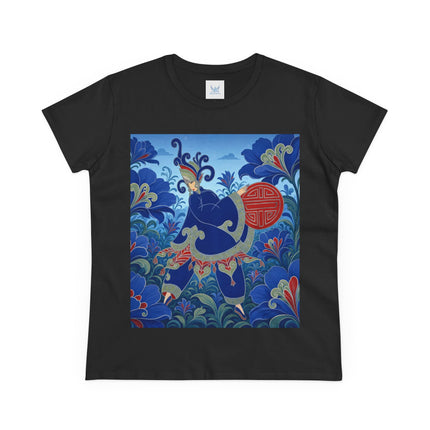 💙🌺 The Imperial Blue Garden Cotton Tee – Art Deco Oriental Elegance