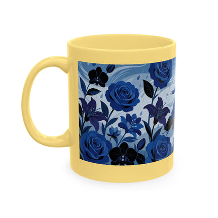 ☔💙 The Lady In The Blue Rain Garden Ceramic Mug – Art Deco Floral Elegance