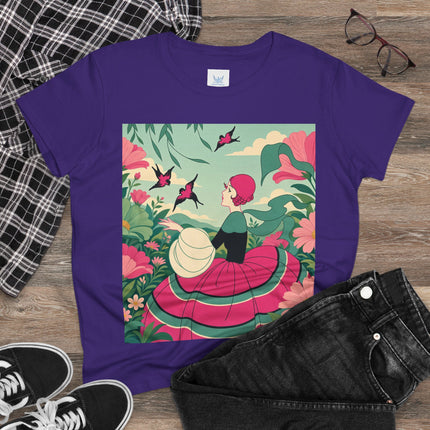 🐦🌺 The Garden Of Flying Birds Cotton Tee – Art Deco Floral Whimsy