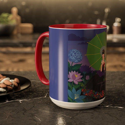 The Lady Of The Moonlit Needlework Colorful Mugs – Art Deco Crafting Elegance