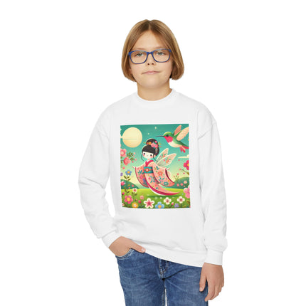 Geisha Fairy and the Hummingbird Blossom Youth Crewneck Sweatshirt – Magic, Grace & Dreamlike Beauty