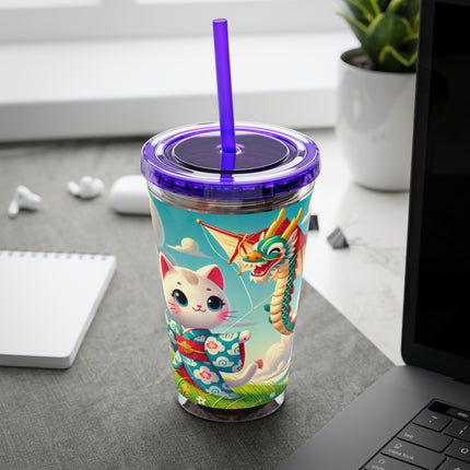 Geisha Kitten and the Dragon Kite Sunsplash Tumbler with Straw, 16oz