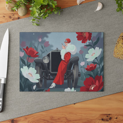 🚗🌺 The Lady Of The Scarlet Roadster Glass Cutting Board – Art Deco Motoring Elegance