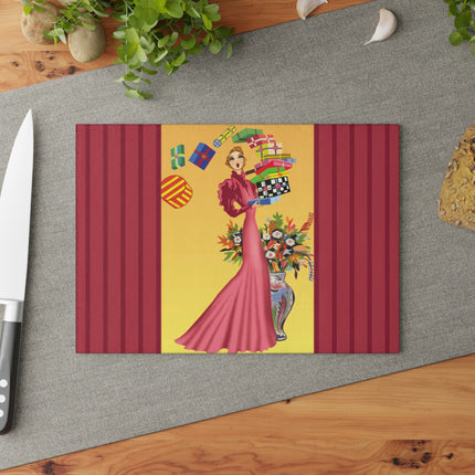Elegant Holiday Woman with Gifts Glass Cutting Board