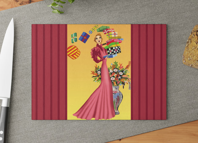 Elegant Holiday Woman with Gifts Glass Cutting Board