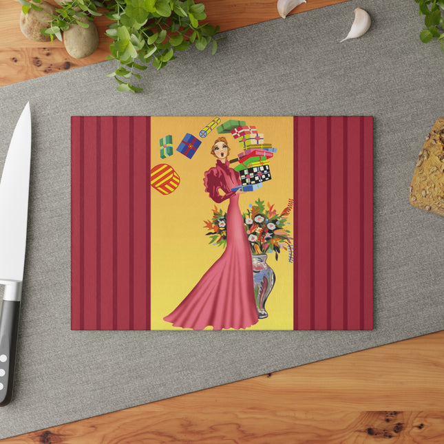 Elegant Holiday Woman with Gifts Glass Cutting Board
