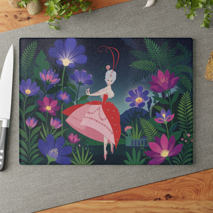 🌙🌺 The Lady Of The Midnight Flower Garden Glass Cutting Board – Art Deco Floral Elegance