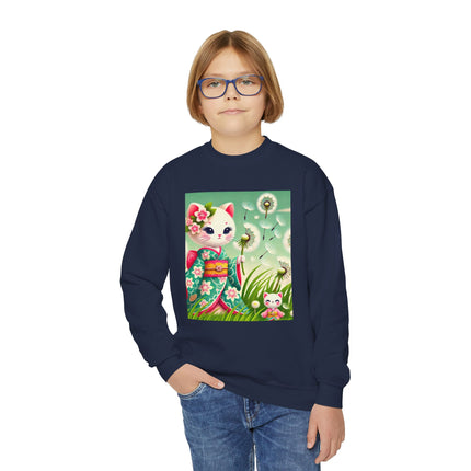 Geisha Kitten and the Dandelion Wish Youth Crewneck Sweatshirt – Gentle Magic, Dreams & Quiet Beauty