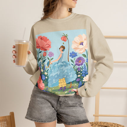 🌸🩵 The Blue Ruffle Garden Crewneck Sweatshirt – Art Deco Floral Whimsy