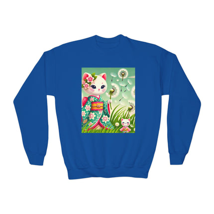 Geisha Kitten and the Dandelion Wish Youth Crewneck Sweatshirt – Gentle Magic, Dreams & Quiet Beauty