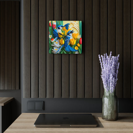 Blue Jays in a Spring Garden Acrylic Wall Clock, Round and Square