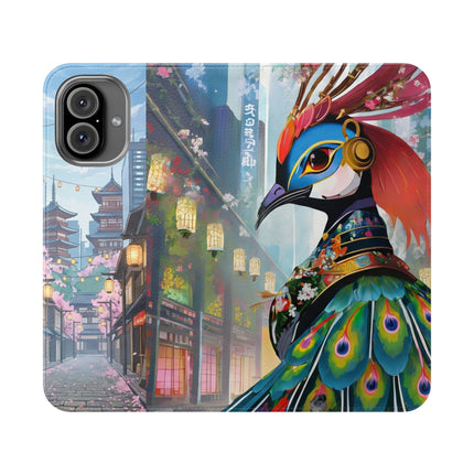 🦚🌸 Techno Plumes Peacock Flip Case – Neon Elegance & Sakura Dreams