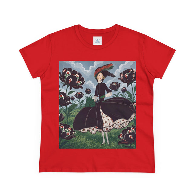 ❤️🌺 The Scarlet Parasol Garden Cotton Tee – Art Deco Floral Elegance