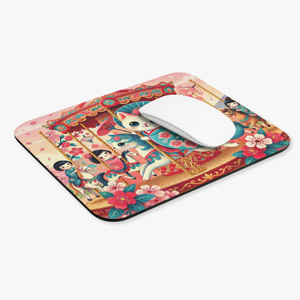 Geisha Kitten's Enchanted Carousel Ride Mouse Pad – Whimsical Dreams & Cherry Blossom Magic