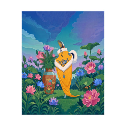 🪷✨ The Lady Of The Golden Lotus Stroll Matte Vertical Poster – Art Deco Floral Elegance