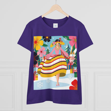 🎄🌸 The Christmas Blossom Belle Cotton Tee – Art Deco Holiday Whimsy