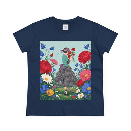 🌹💙 The Rose Bouquet Promenade Cotton Tee – Art Deco Floral Whimsy