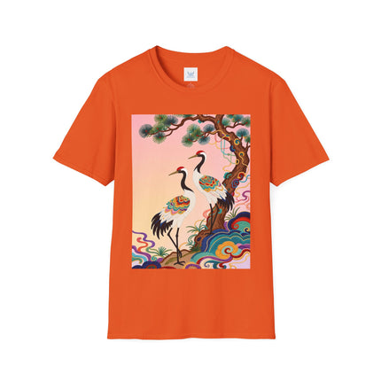 🐦🌸 The Enchanted Crane Garden Softstyle T-Shirt – Oriental Elegance & Colorful Harmony