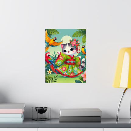 🦜🐱 Parrot Dance of the Geisha Kitten Matte Vertical Poster – Tropical Whimsy & Colorful Charm