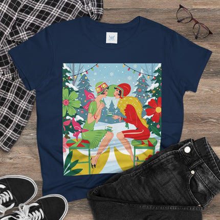 ☕❄️ Christmas Tea In The Snow Garden Cotton Tee – Art Deco Holiday Friendship