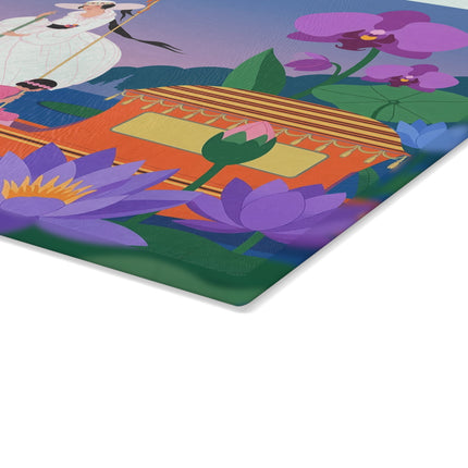 🪷🚣 The Lady Of The Lotus Lake Glass Cutting Board – Art Deco Botanical Fantasy