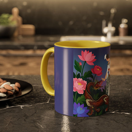 The Lady And The Garden Dragon Colorful Mugs – Art Deco Mythical Botanical Elegance