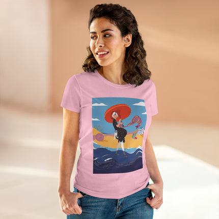 Beachside Promenade Women's Midweight Cotton Tee – Summer Glamour & Coastal Joy