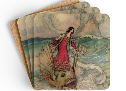 Rita Rides on the Dolphin by Warwick Goble Corkwood Coaster Set