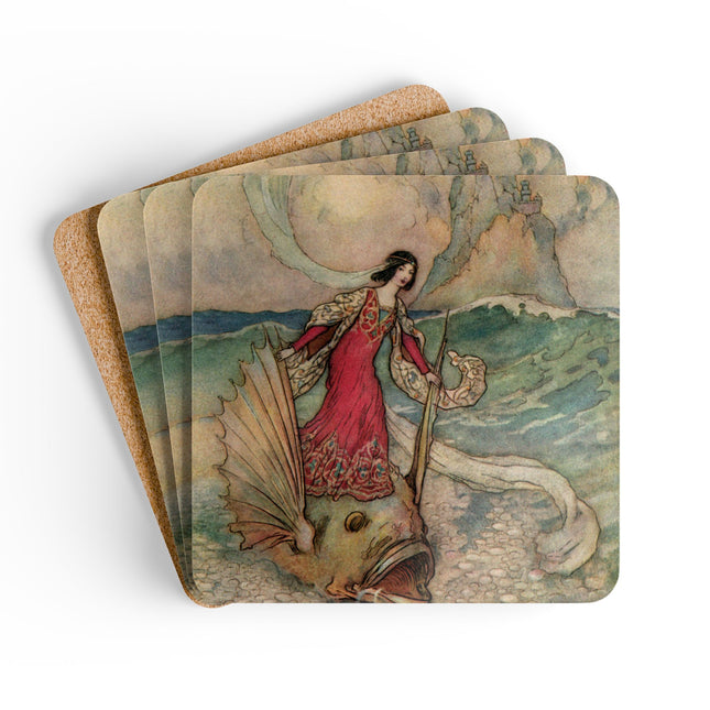 Rita Rides on the Dolphin by Warwick Goble Corkwood Coaster Set