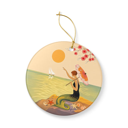 🧜‍♀️☂️ The Mermaid With The Parasol Ceramic Ornament – Art Deco Seaside Fantasy