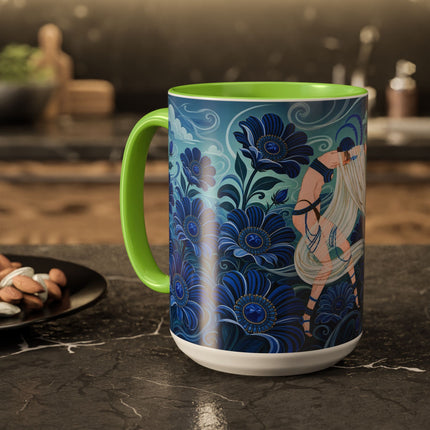💙🌸 The Sapphire Wind Dancer Colorful Mug – Art Deco Floral Fantasy