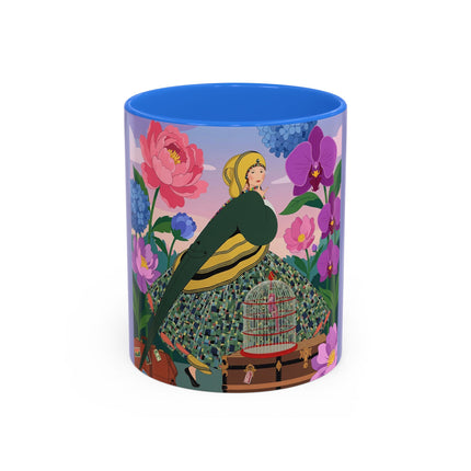 The Lady And The Crimson Birdcage Colorful Mugs – Art Deco Tropical Garden Elegance
