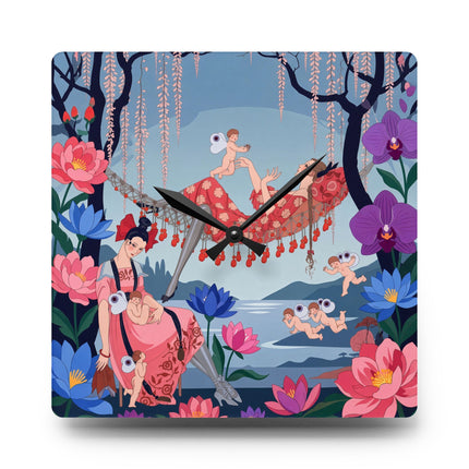🌸🪽 The Garden Of Little Cupids Acrylic Wall Clock – Art Deco Floral Fantasy