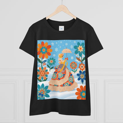🌼❄️ The Winter Parasol Lady Cotton Tee – Art Deco Floral Fantasy