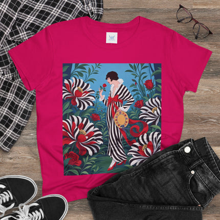 ❤️🌹 The Scarlet Striped Garden Cotton Tee – Art Deco Fashion Illustration