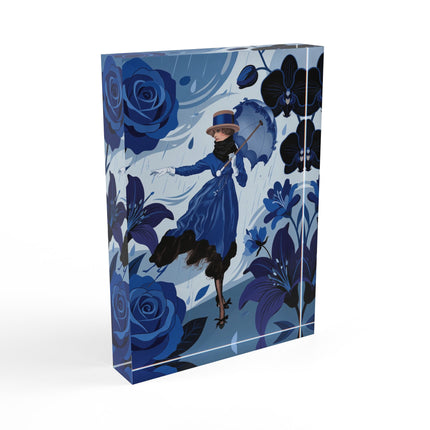 ☔💙 The Lady Of The Blue Rain Acrylic Art Block – Art Deco Floral Whimsy