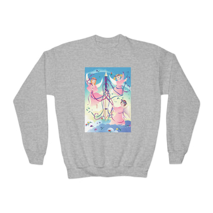 Angelic Revelry Youth Crewneck Sweatshirt – Celestial Joy & Whimsical Wonder