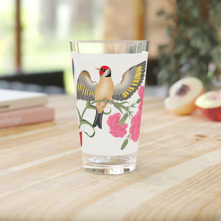 Goldfinch & Pink Flowers Pint Glass – Vibrant Spring & Bold Beauty