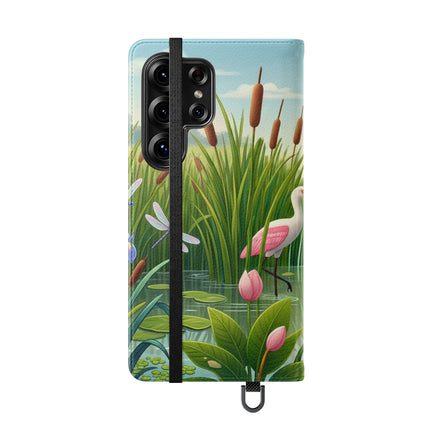 🦩🌸 Geisha Kitten Strolls Among the Spoonbills Flip Case – Serene Grace & Marshland Wonder