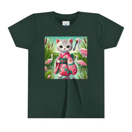 Geisha Kitten Strolls Among the Spoonbills Youth Short Sleeve Tee