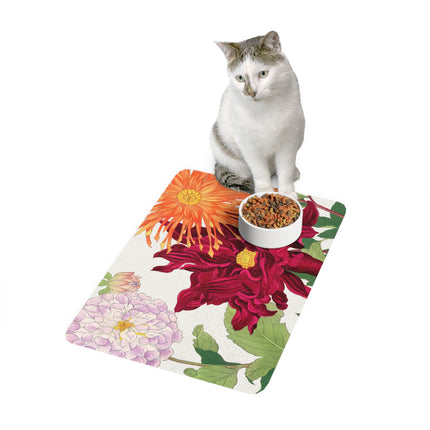 Vintage Dahlia Symphony Pet Food Mat – Crimson & Gold Bloom
