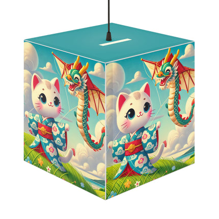 🪁🐉 Geisha Kitten and the Dragon Kite Light Cube Lamp – Joyful Flight & Dragon Spirit