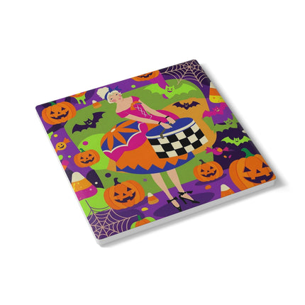 🍬🎃 The Lady Of Candy Corn Hollow Ceramic Coaster – Colorful Halloween Charm