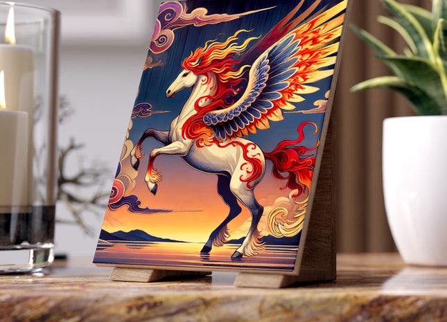 Flame-Winged Horse at Sunset Ceramic Tile