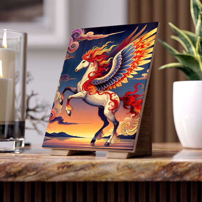 Flame-Winged Horse at Sunset Ceramic Tile